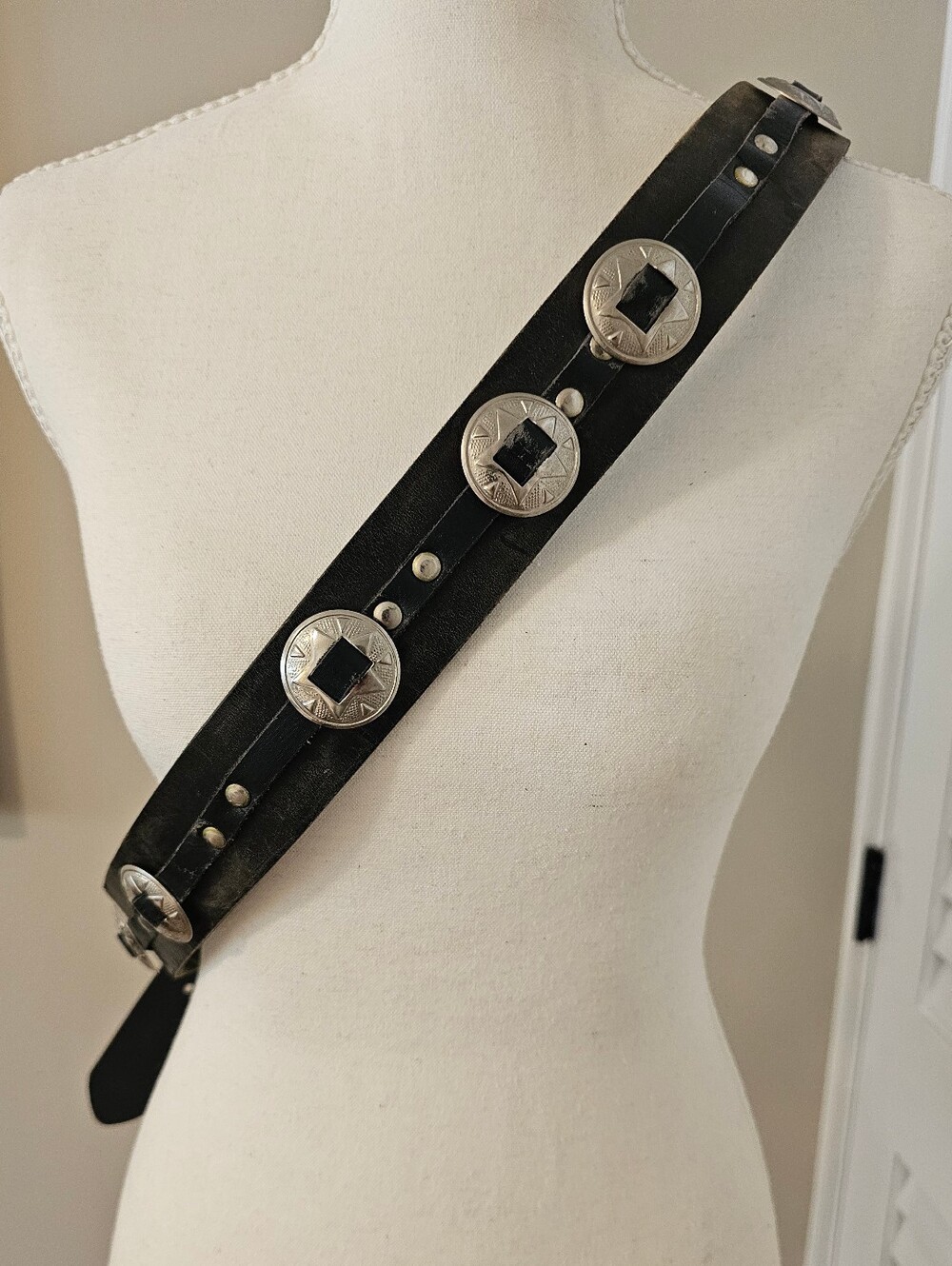 Vintage Black Leather Silver Concho Belt | Western Boho | 47" Long | Festival